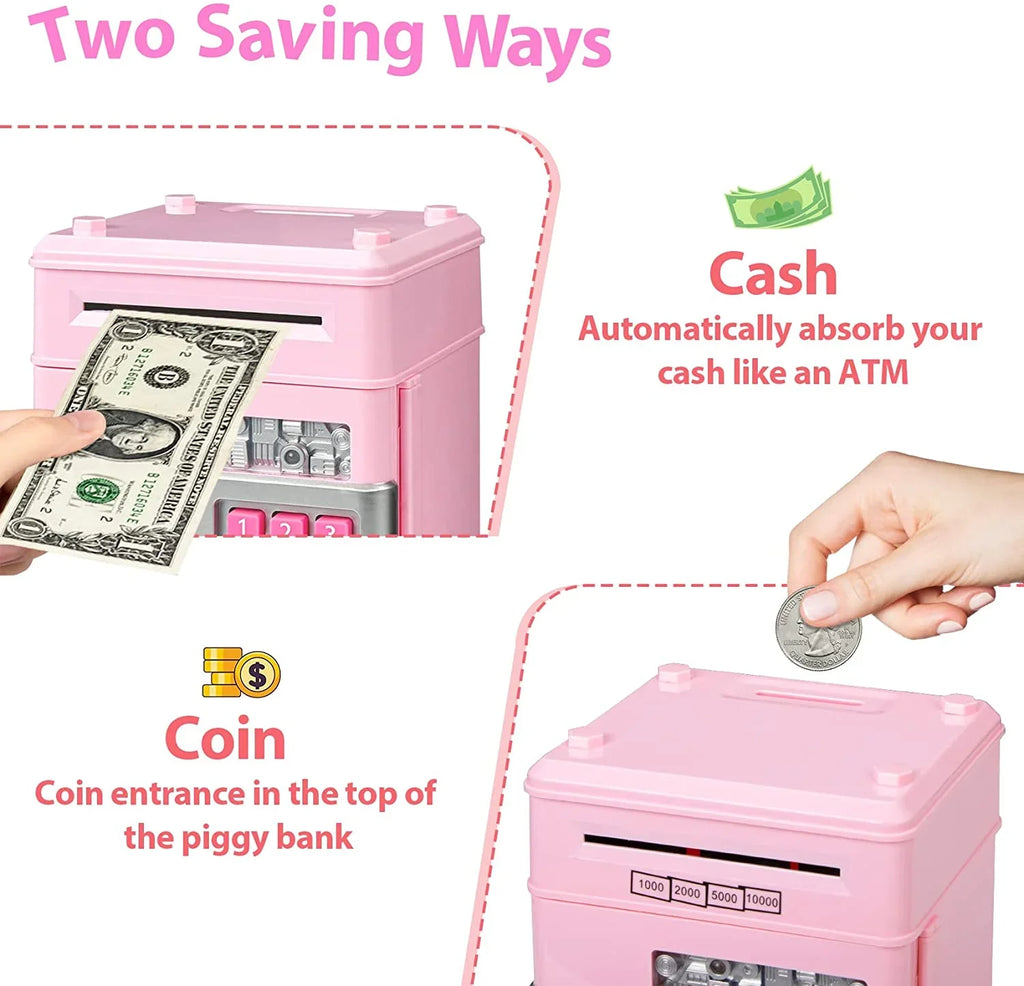 Mini ATM Savings Piggy Bank Toy Real Money Savings Kids Girls Boys Adult Electronic ATM Machine Coin Bank Money Saving Digital Password Cash Safe Box Gifts for Kids (Pink/Silver)