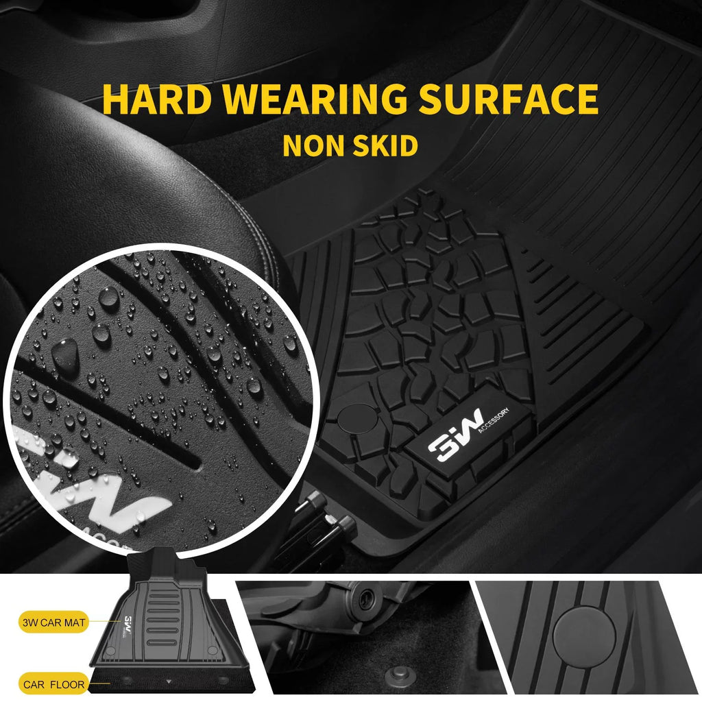 3W Floor Mats for Dodge Ram 2019 2020 (NOT for Storage Under Rear Seat) - Full Set All Weather Ram 1500 Crew Cab Carpet with Non-Toxic TPE 1st & 2nd Row for Bucket Seating, Dark
