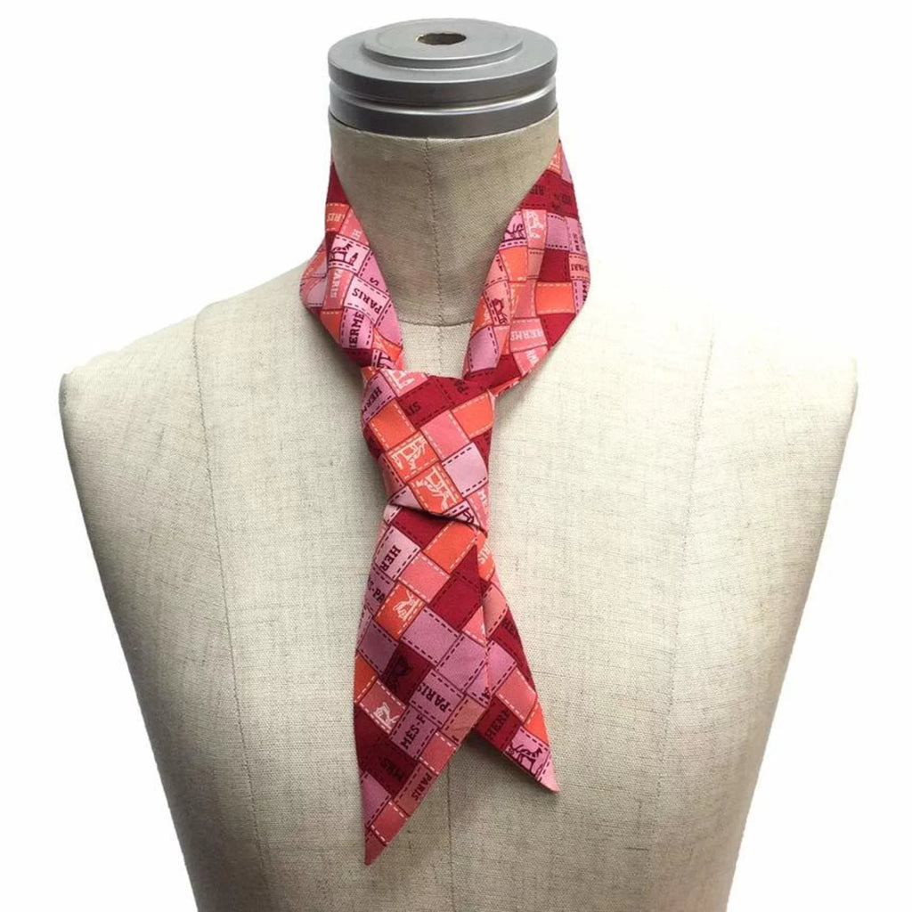 Pre-Owned HERMES Twilly Scarf Muffler Bolduc au Carre Check 2019 Pink 100% Silk Hermes aq7360 (Like New)