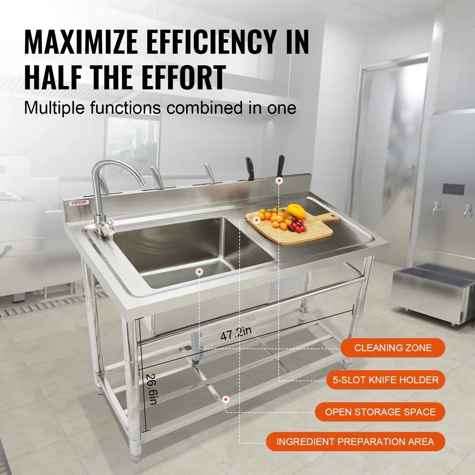 BENTISM Stainless Steel Utility Sink Single Bowl w/Workbench 47.2x19.7x37.4 in