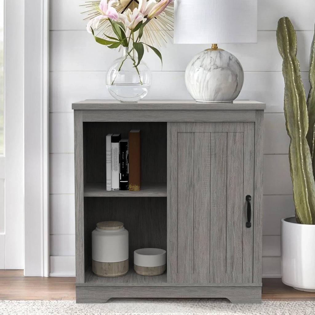 ABBSR Gray Wooden Wine Bar Storage Cabinet with Glass Holder,Wine Rack,Large Table for Decor
