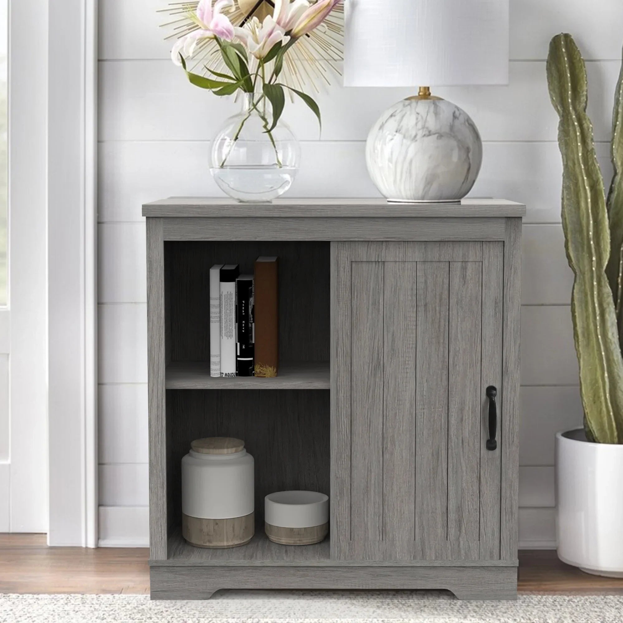 ABBSR Gray Wooden Wine Bar Storage Cabinet with Glass Holder,Wine Rack,Large Table for Decor
