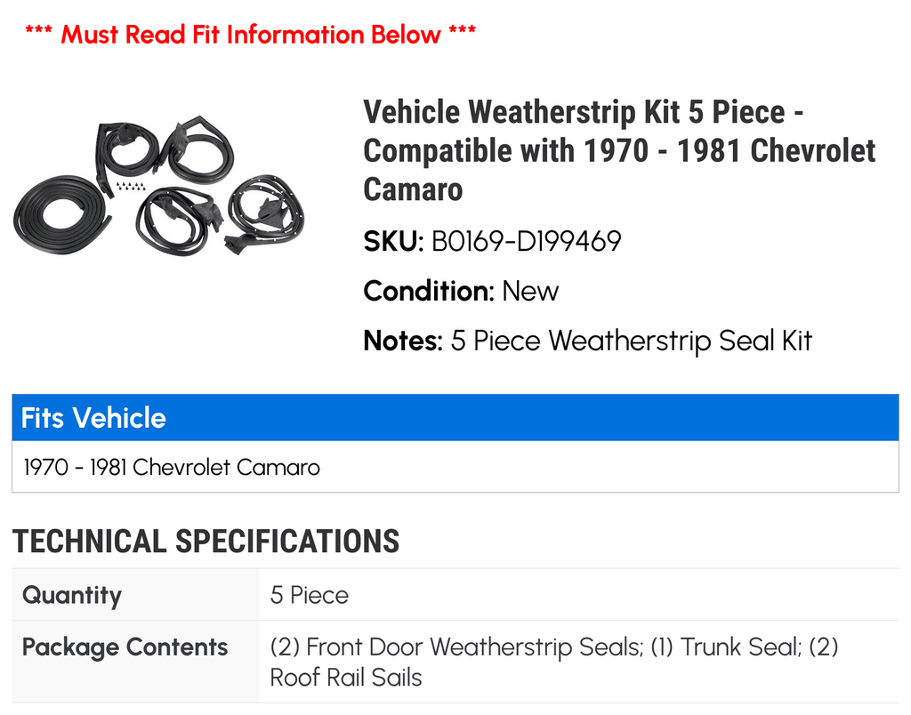 Vehicle Weatherstrip Kit 5 Piece - Compatible with 1970 - 1981 Chevy Camaro 1971 1972 1973 1974 1975 1976 1977 1978 1979 1980