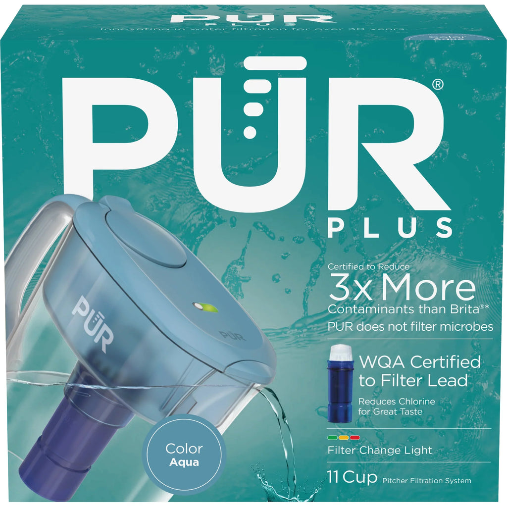 PUR PLUS 11-Cup Water Pitcher Filtration System, W 11.4" x H 10.4" x L 4.9", Aqua, PPT111G