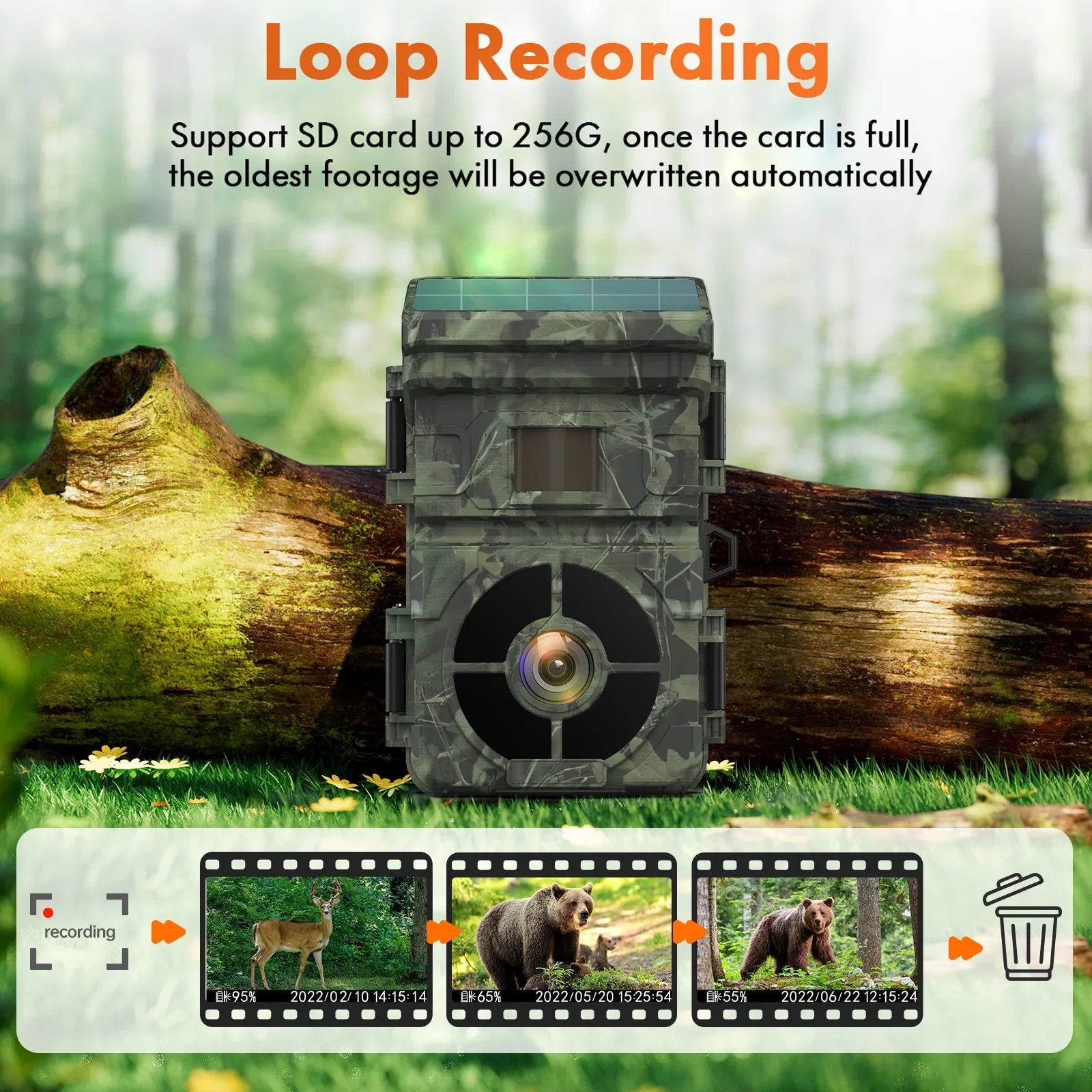 CAMPARK Solar Trail Camera 24MP 1080P 2500mAh Built-in Lithium Battery Rechargeable Game Camera with Night Vision Waterproof IP66 0.1s Trigger Speed 120°Wide Angle 2.0" LCD Hunting Cam with SD Card