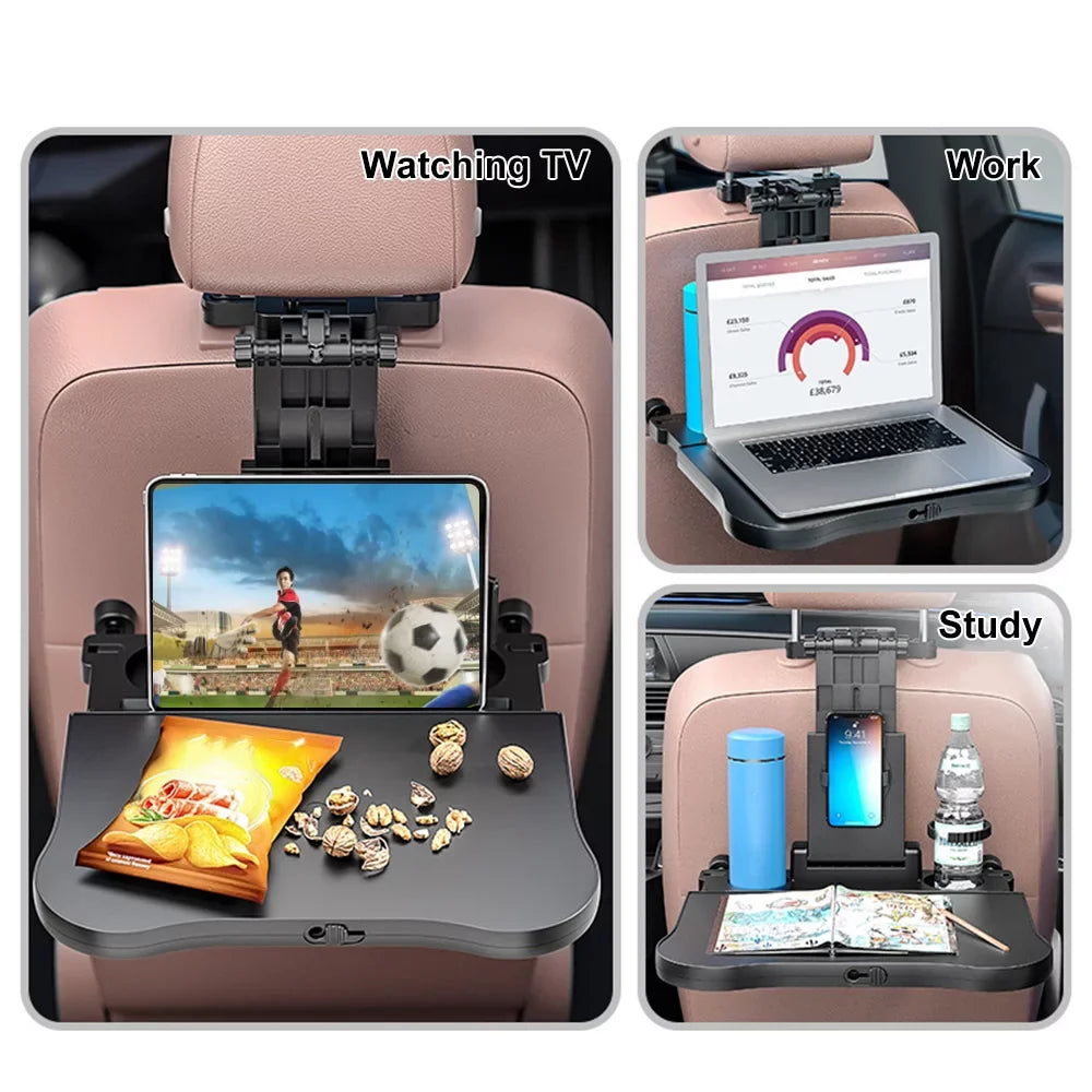Dcenta Adjustable Car Seat Travel Table Multifunctional Foldable Car Back Seat Food Tray, Car Table with Phone Holder for Working, Writing, Eating Ebony