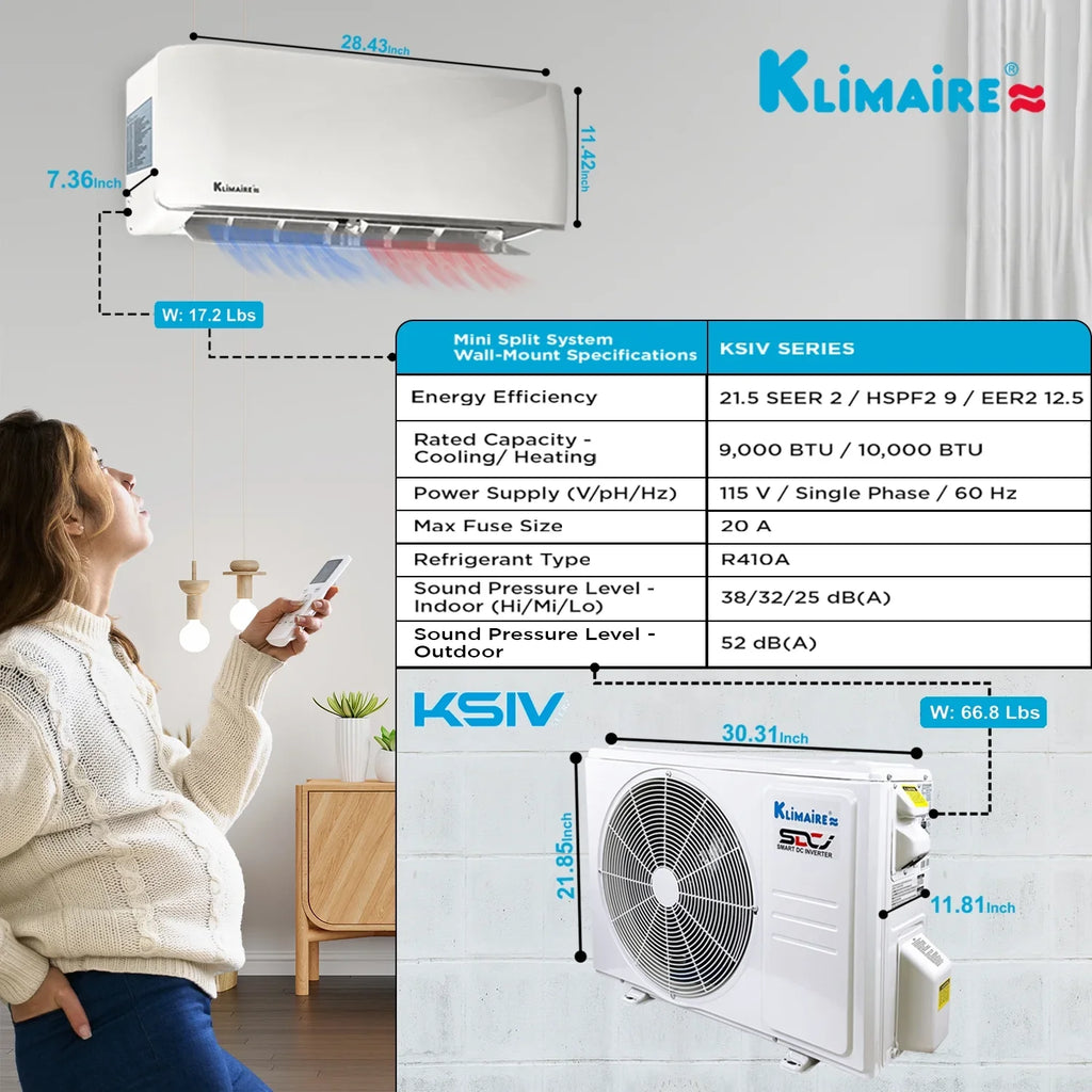 Klimaire 9,000 Btu 21.5 SEER2 Ductless Mini-Split Heat Pump Air Conditioner up to 400 sq. ft.