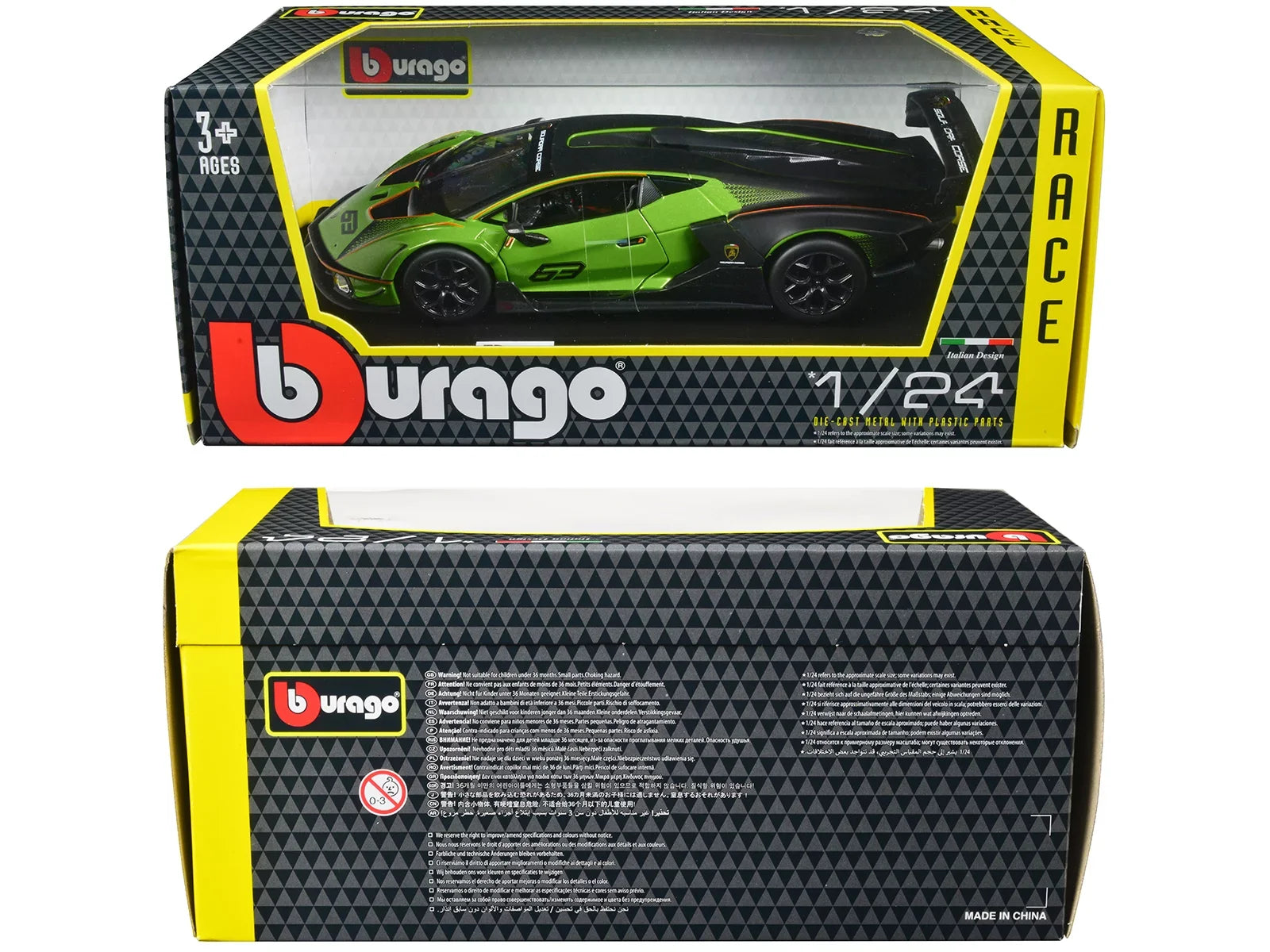 Lamborghini Essenza SCV12 #63 Green Metallic and Dark "Squadra Corse" "Race" Series 1/24 Diecast Model Car by Bburago