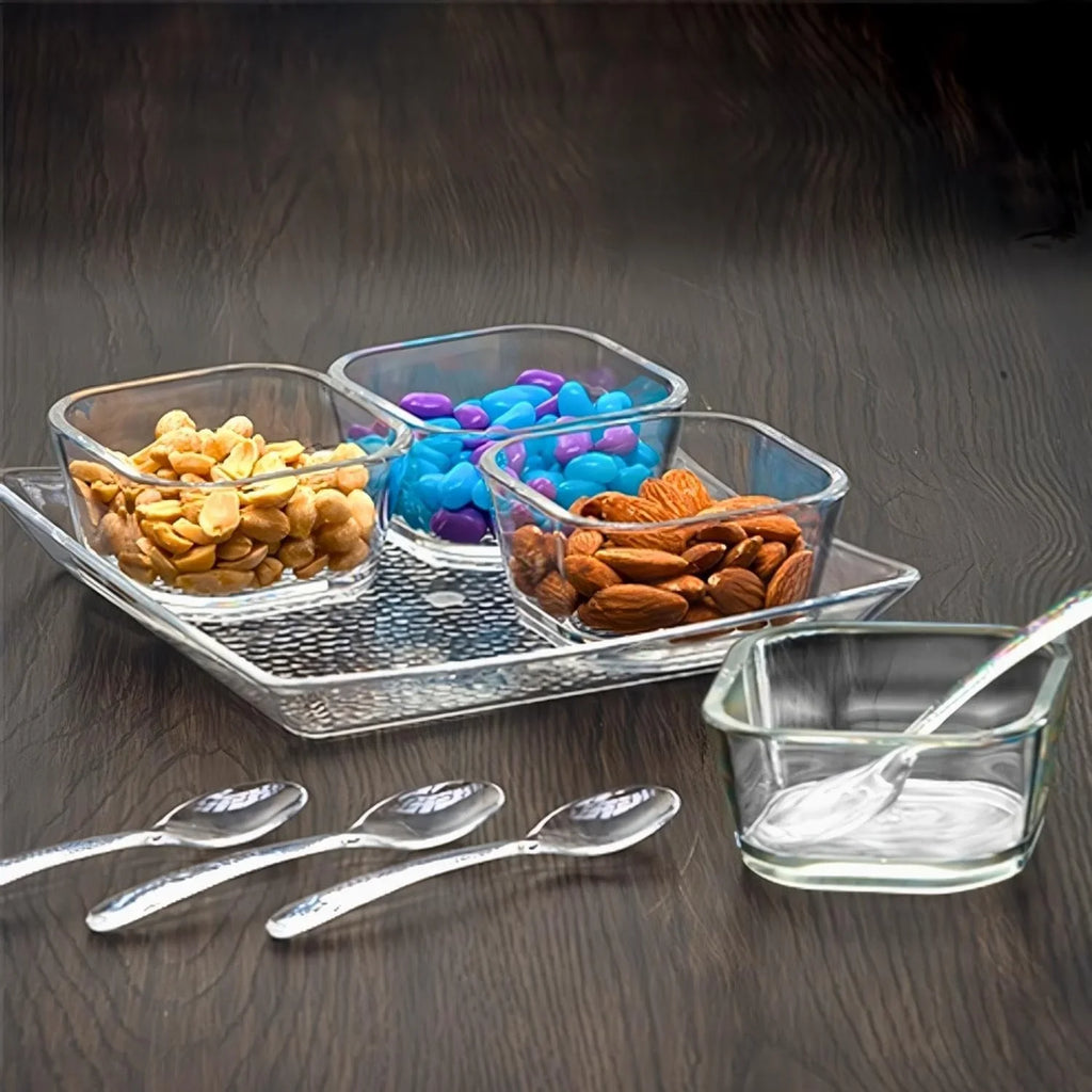 Clear Premium Serving Set With Spoons (7.75" X 7.75" X 1", Pack Of 6) - Perfect For Parties, Events, & Dining
