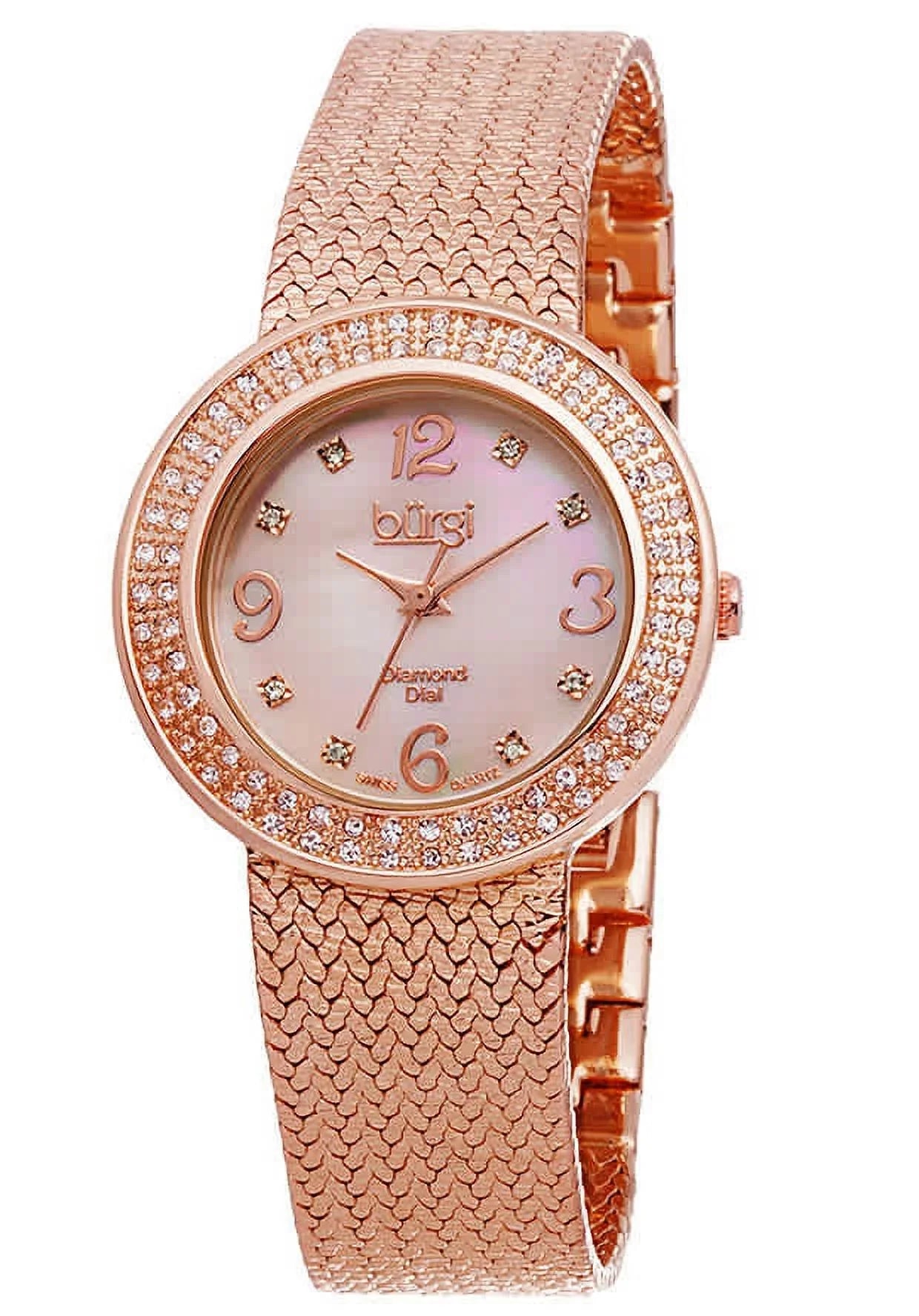Individuals BUR097RG Crystal Accented Rose Gold Swiss Crystal Watch with Pink Mother of Pearl Interface and Rose Gold Bracelet