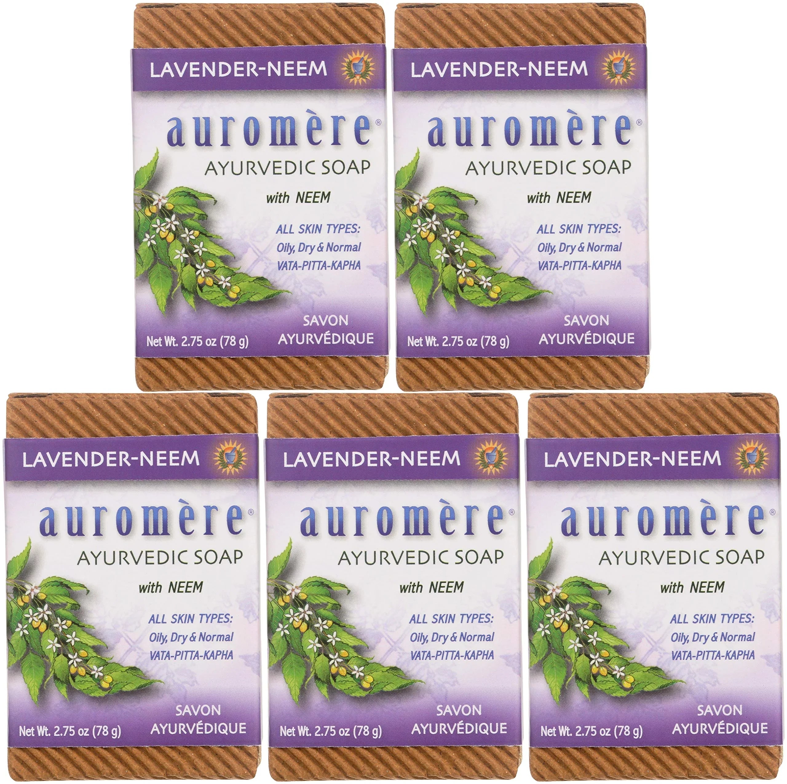 Auromere Ayurvedic Bar Soap, Edge Neem - Eco Final Point Handmade, Vegan, Cruelty Free, Natural, Non Gmo (2.75 Oz), 5 Pack.