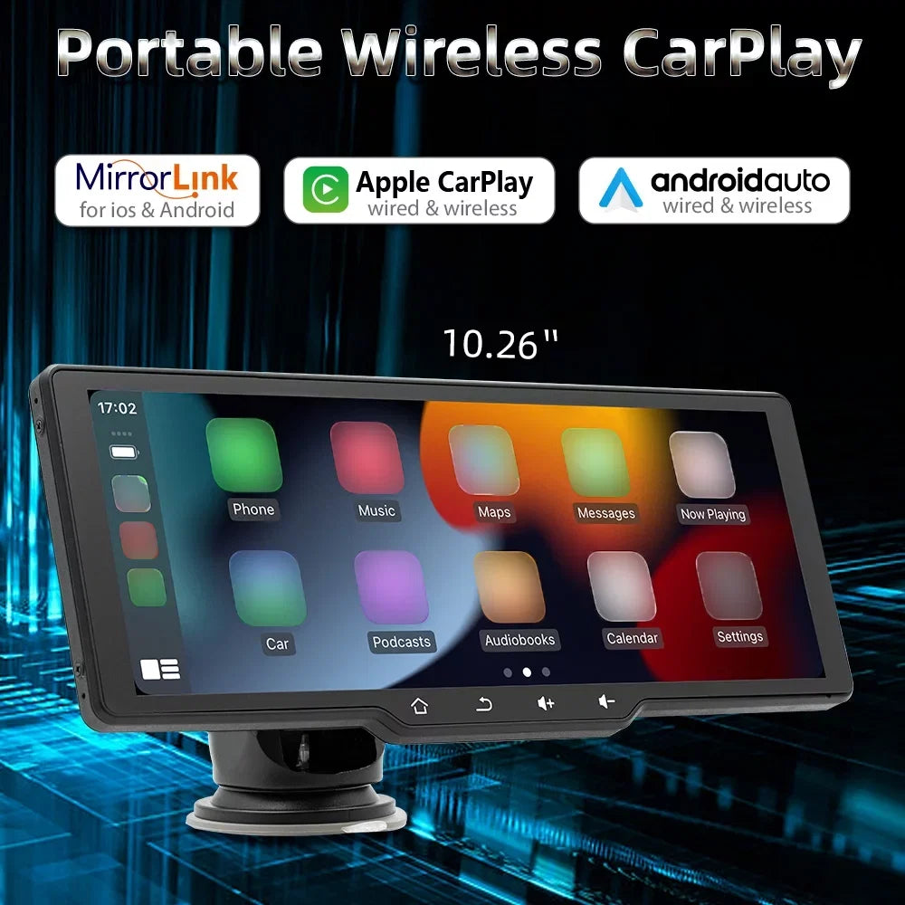 Apexeon Car Player， Portable Wireless CarPlay, Multi-language Car Video Recorder, Auto Camcorder, 10.26in Car Rearview Camera, Mobilephone APP Control