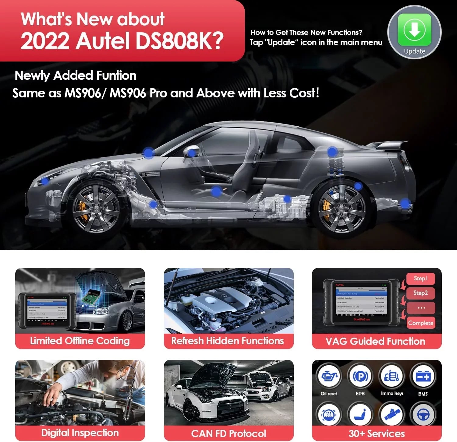 Autel Scanner MaxiDAS DS808K Auto Diagnostic Scan Tool, ECU Coding,ABS Bleed, Oil Reset,Upgrade of DS708 MP808