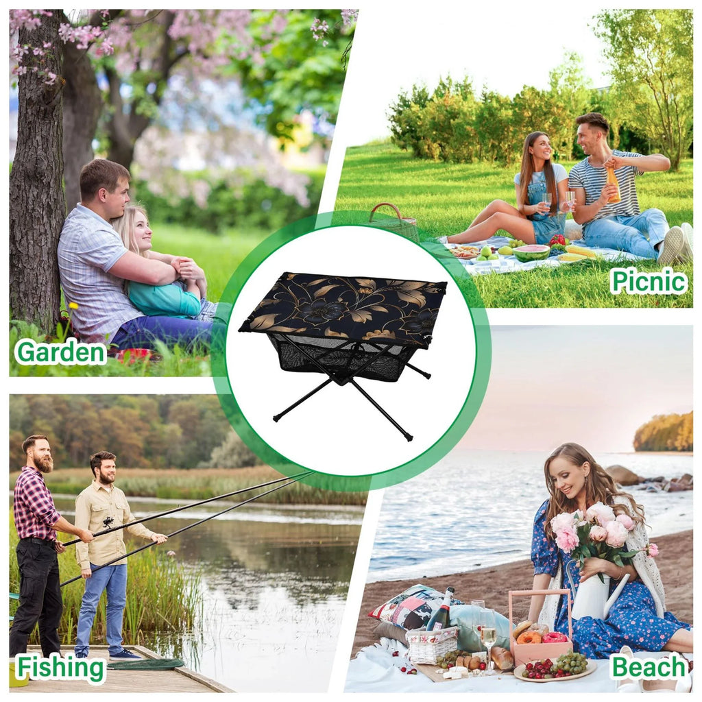 Flower on Midnight Camping Folding Table Portable Beach Table with Storage Bag Compact Picnic Table for Outdoor Travel Fishing BBQ