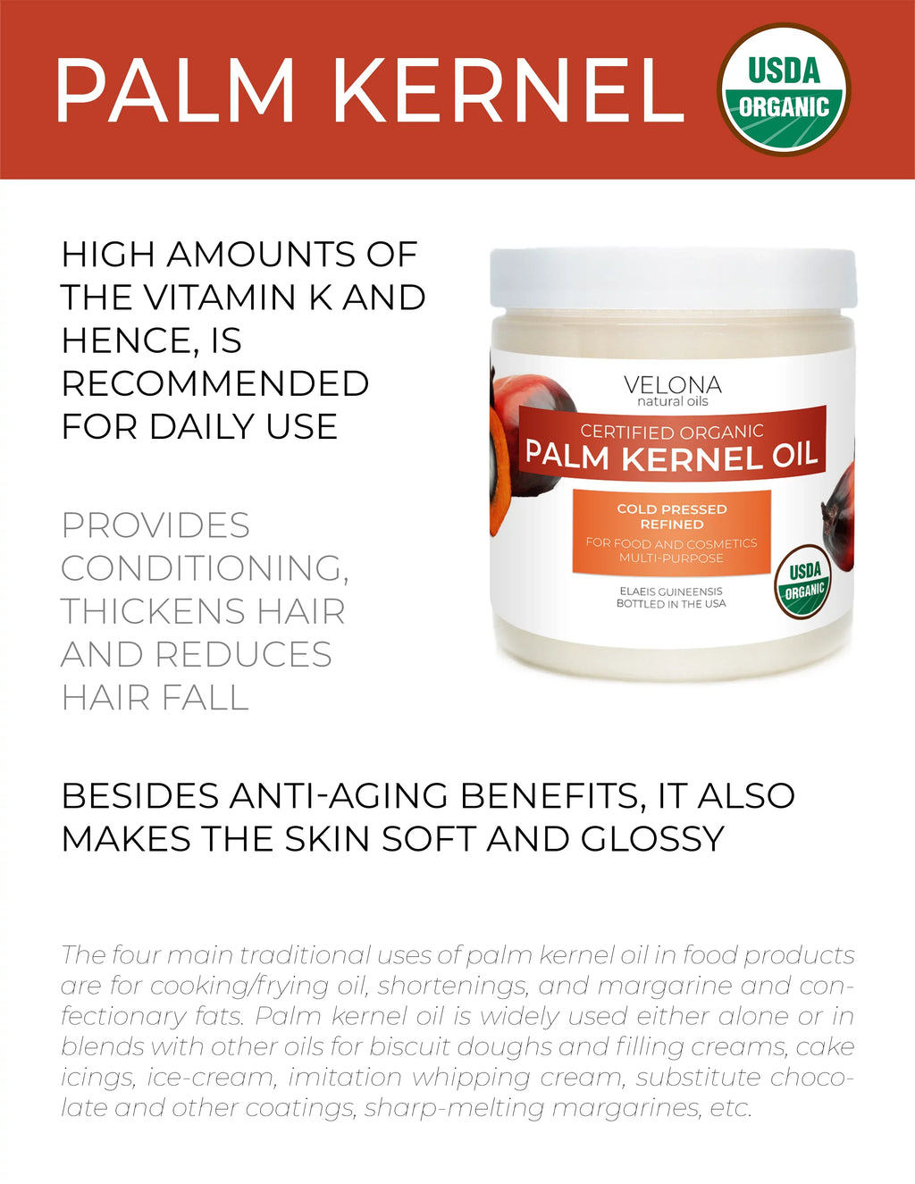 Velona USDA Certified Organic Palm Kernel Oil - 64 oz | 100% Pure and Natural Carrier Oil | Refined, Cold Pressed | Face, Hair, Body & Skin Care | Use Today - Enjoy Results