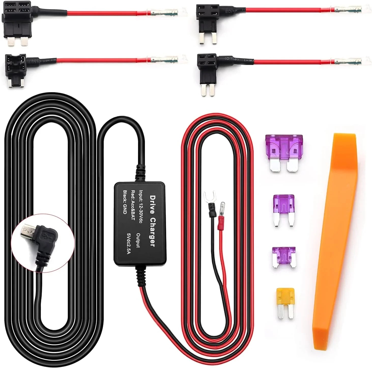 Dash Cam Hardwire Kit,12ft ro USB Hardwiring Kit Fuse for Dashcam,Car Charger 12V-24V to 5V Camera Charger