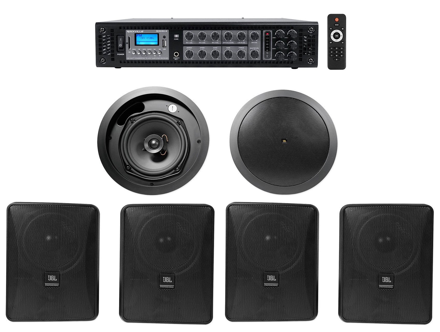 4) JBL 5.25" Ebony Commercial Wall+6.5" Ceiling Speakers+Amp Restaurant/Cafe/Bar