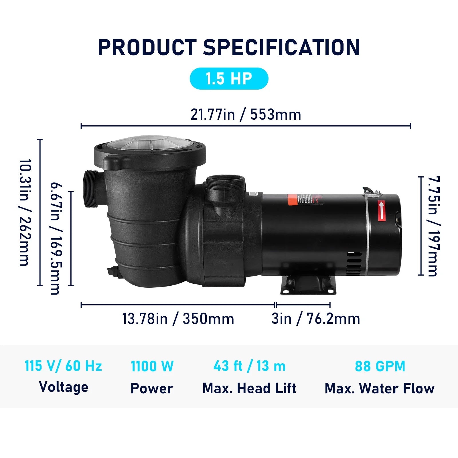 SKYSHALO Swimming Pool Pump, 1.5 HP 115 V, 1100 W Single Speed Pump for In/ Above Ground Pool w/ Strainer Basket, 5280 GPH Max. Flow, Certification of ETL for Security