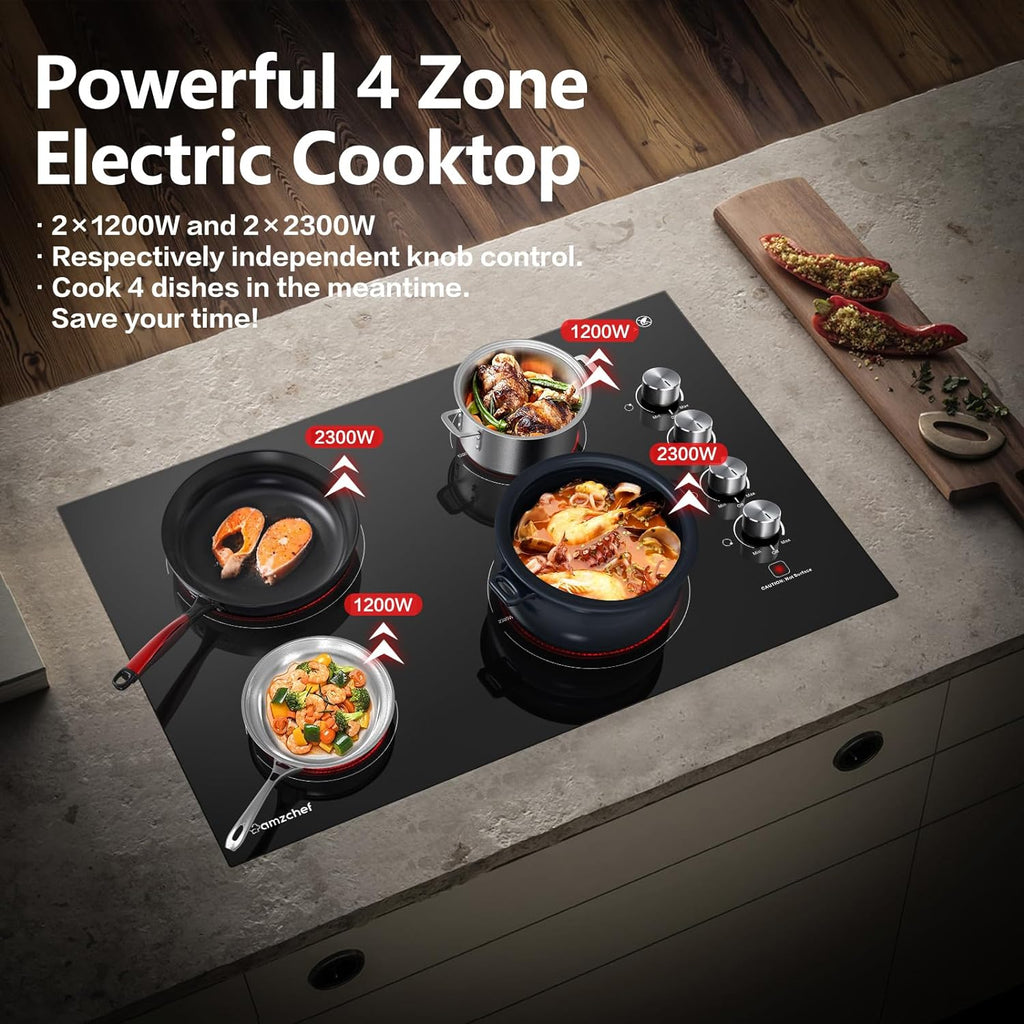 AMZCHEF 30 Inch Electric Cooktop Built-in Electric Burner with 4 Burners, ETL Safety Certified, 240V Power Control by Knob, 7000W Electric Stove with Hot Surface Indicator