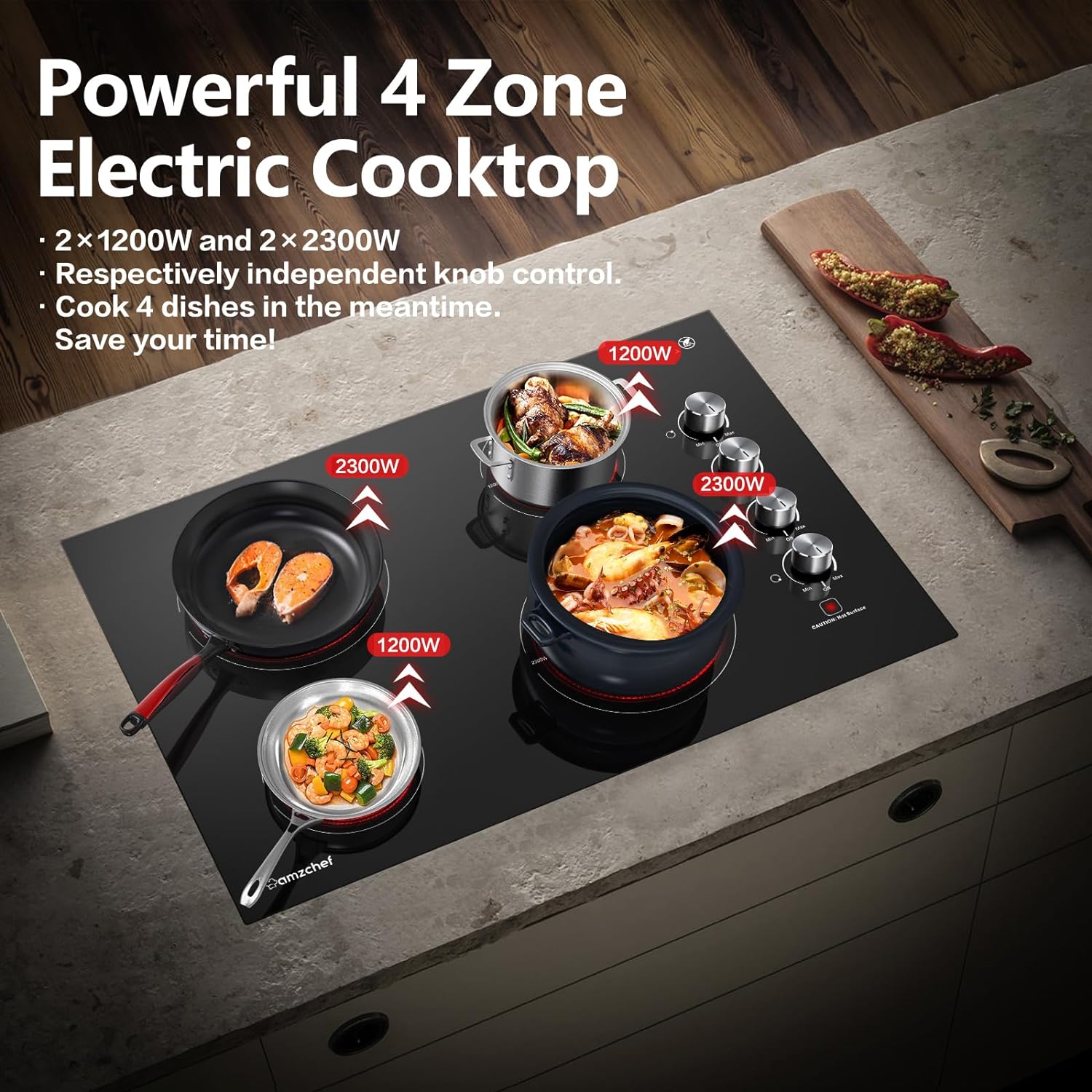 AMZCHEF 30 Inch Electric Cooktop Built-in Electric Burner with 4 Burners, ETL Safety Certified, 240V Power Control by Knob, 7000W Electric Stove with Hot Surface Indicator