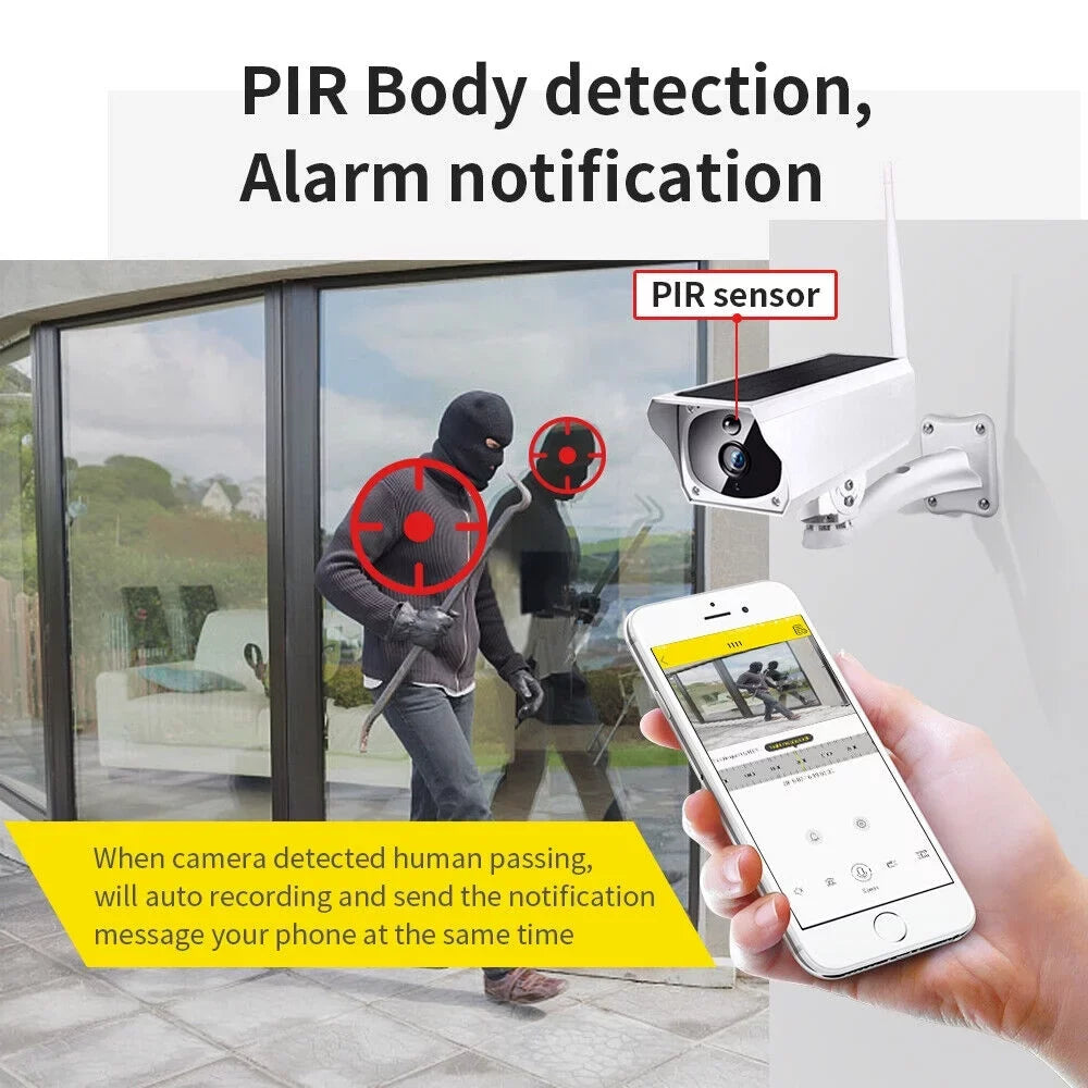 1080P Solar Powered Security Camera, Wireless Security Camera, WiFi IP Home Outdoor Security IP Camera Night Vision HD with 32GB Momery Card and 3 Pcs 18650 Batteries