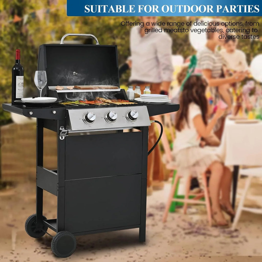 Forclover Stainless Steel Portable Propane Gas Grill, 3-Burner BBQ Grill with Top Cover Lid, Wheels, and 2 Side Shelves, for Outdoor Patio Garden Picnic Backyard