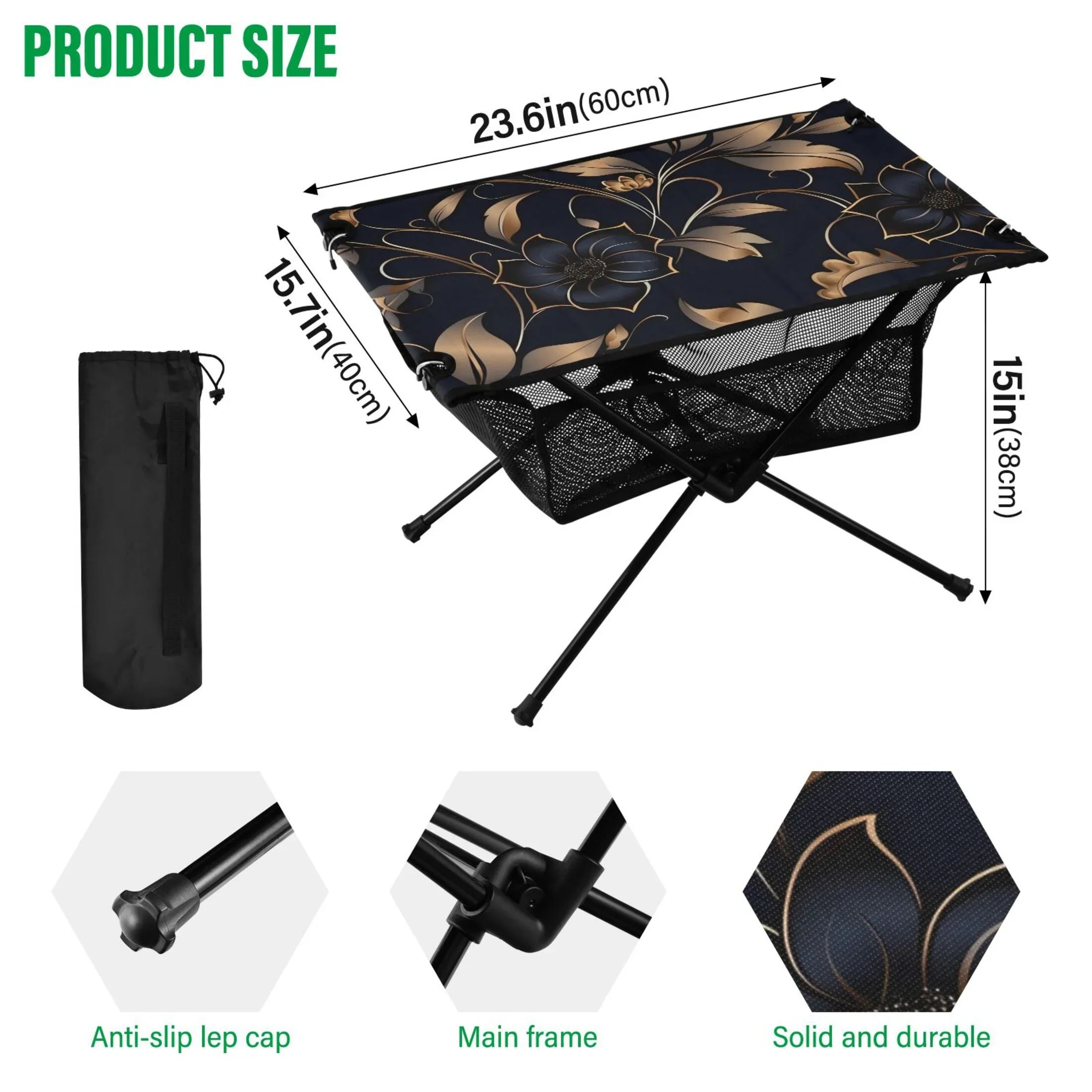Flower on Midnight Camping Folding Table Portable Beach Table with Storage Bag Compact Picnic Table for Outdoor Travel Fishing BBQ