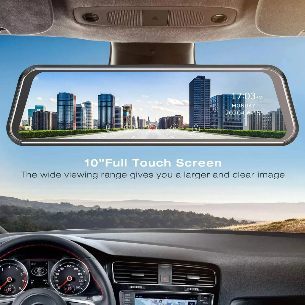 Bileeko Car Mirror Dashcam 10 inch IPS Full Touch Screen Dual Lens Rear View Backup Camera, Parking Monitor, Loop Recording