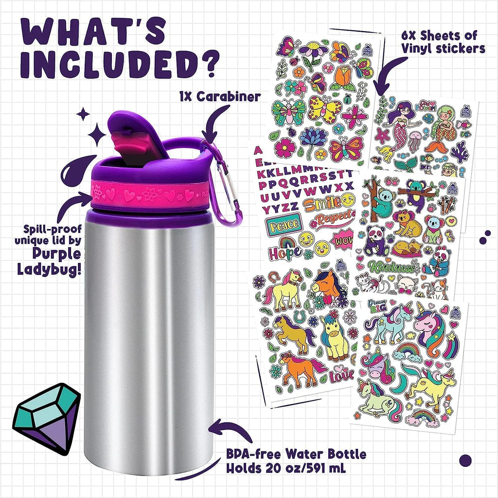 PURPLE LADYBUG Decorate Your Own Water Bottle for Girls Age 6 + - Cool Birthday Gift for 6 Year Old Girl, Little Girl Gifts - Arts and Crafts for Kids Ages 6-8, Fun DIY Kits