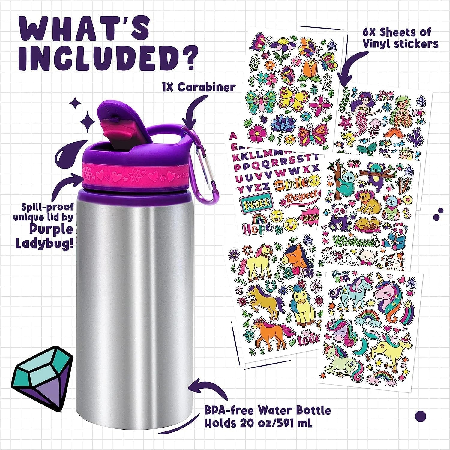 PURPLE LADYBUG Decorate Your Own Water Bottle for Girls Age 6 + - Cool Birthday Gift for 6 Year Old Girl, Little Girl Gifts - Arts and Crafts for Kids Ages 6-8, Fun DIY Kits