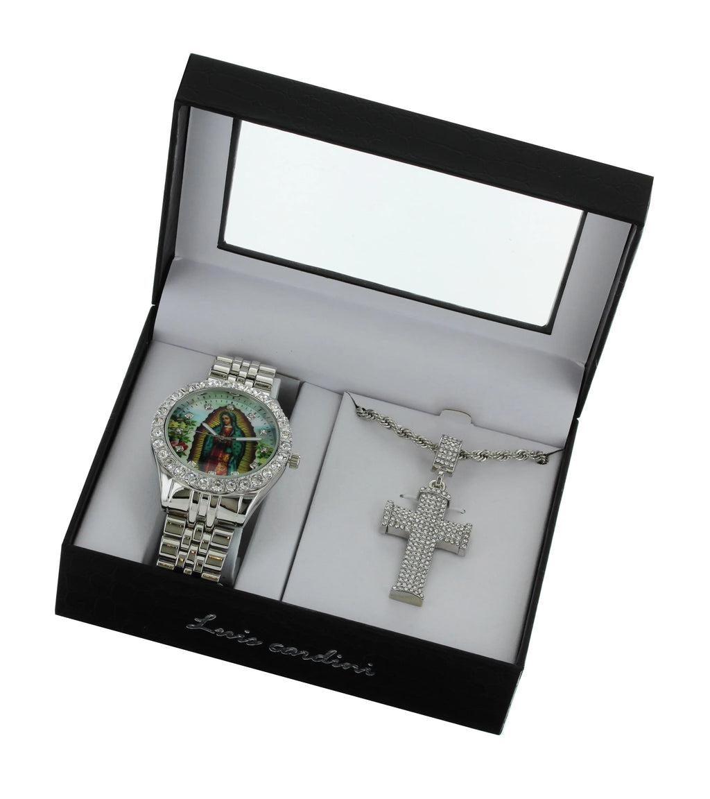 Individuals Our Lady of Guadalupe Silver-Tone Metal Bracelet Watch with Neckless and Cross Termination Set