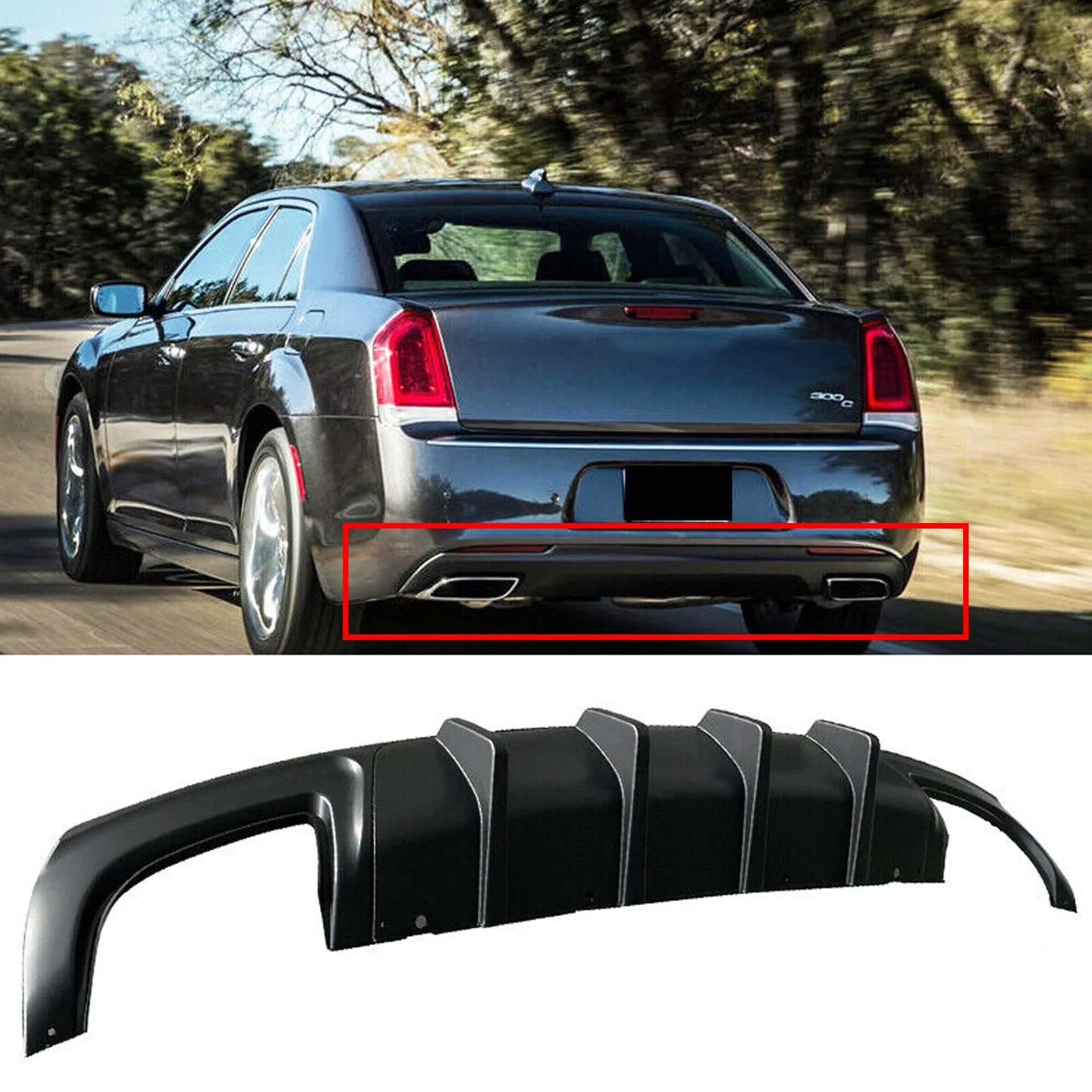 NINTE Rear Diffuser for 2015-2022 Chrysler 300 SRT Back Lip Matte Ebony Square Exhaust