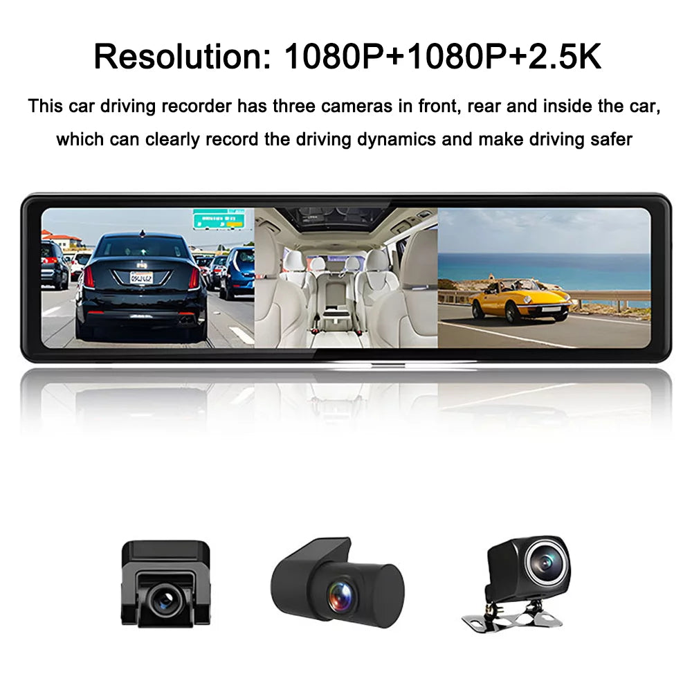 Carevas 3 Cameras Dash Cam 12in 2.5K Clear Car Rearview Mirror Car Video Recording Touched Screen Car Recorder Carplay Auto Driving Recorder