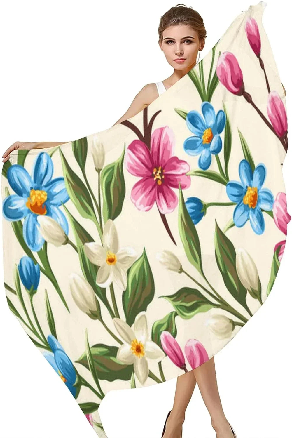 Hyjoy Floral Spring Pink Beige and Blue Flowers Long Silk Neck Scarf Lightweight Shawl Wrap Scarves for People Girls