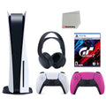 Sony Playstation 5 Disc (PS5 Disc) with Extra Pink Controller, Gran Turismo 7 Launch Edition and Ebony PULSE 3D Headset Bundle with Cleaning Cloth