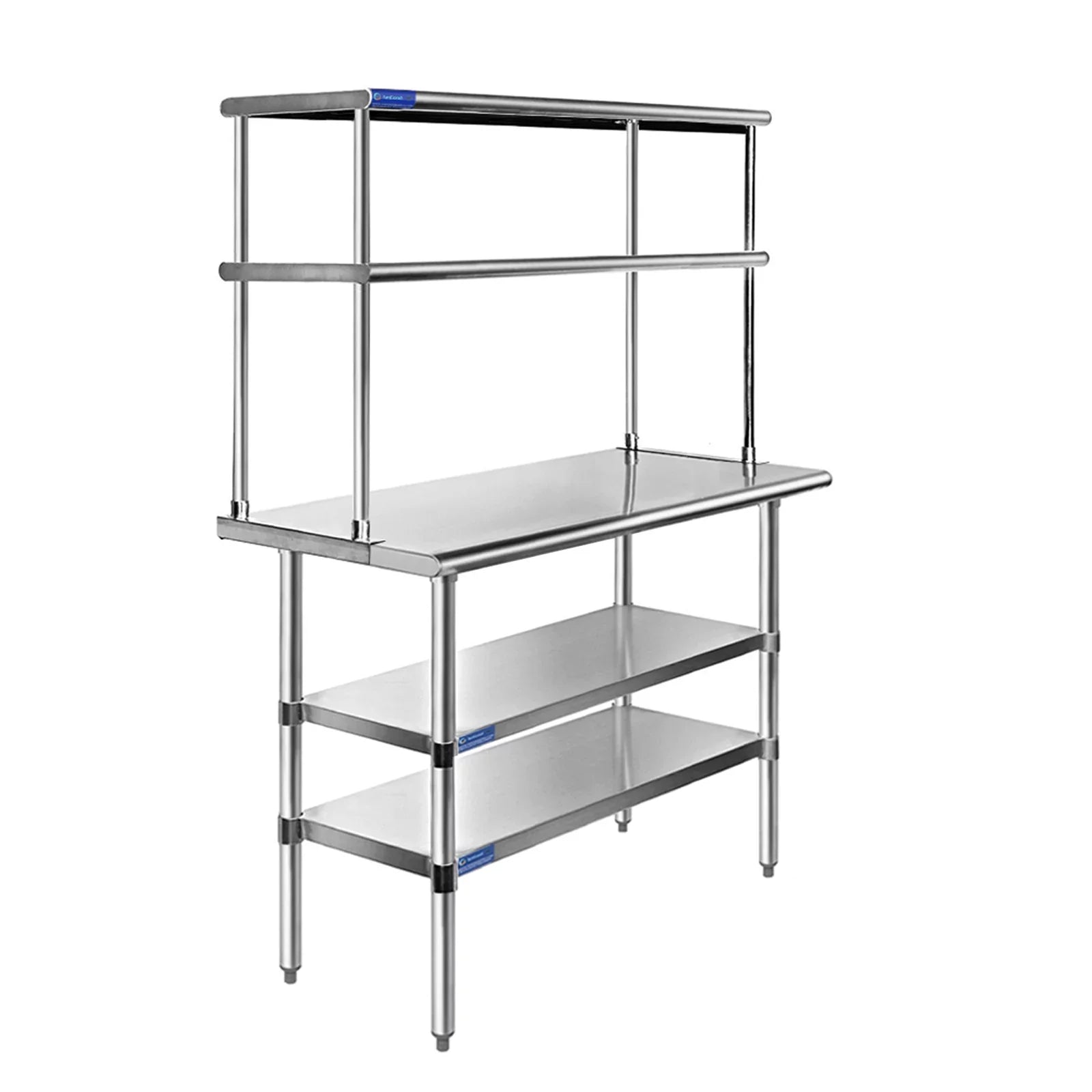 18" x 72" Stainless Steel Work Table With Two Shelves | 12" Wide Double Tier Overshelf | Metal Kitchen Prep Table & Shelving Combo