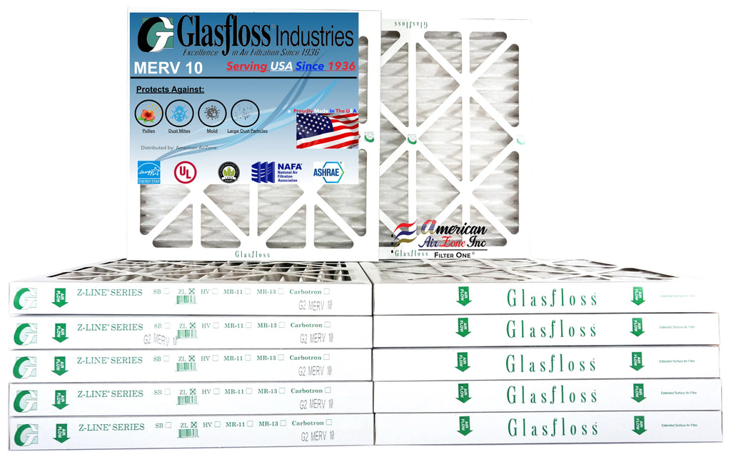 Glasfloss Air Filter 20x22x2 - 2" MERV 10 - (Pack of 12) - Pleated AC or HVAC Air Filter - Furnace Air Filter - Home or Office - Made In The USA.