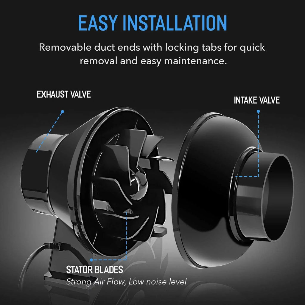 iPower 4 inch 195 CFM Inline Duct Ventilation Fan Air Circulation Vent Blower for Grow Tent, 4" Lite, Ebony 1-Pack