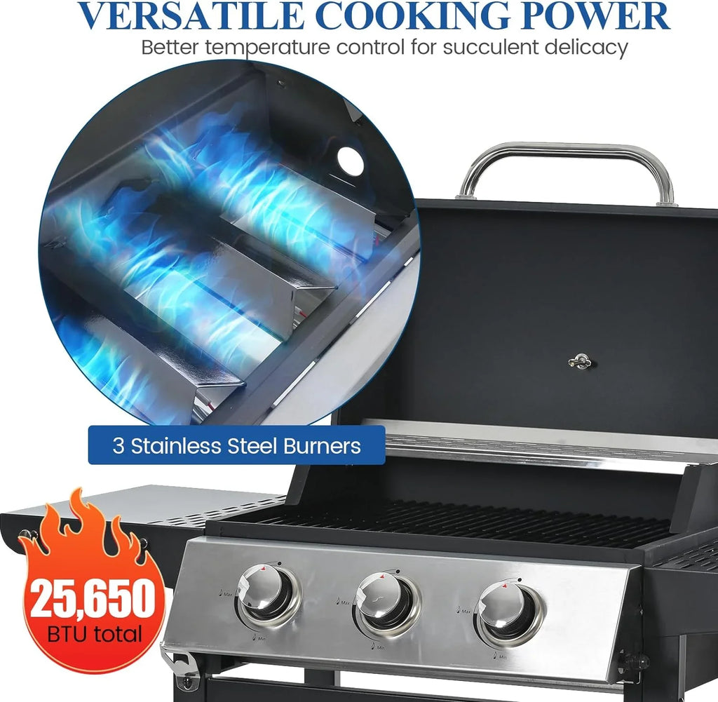 Forclover Stainless Steel Portable Propane Gas Grill, 3-Burner BBQ Grill with Top Cover Lid, Wheels, and 2 Side Shelves, for Outdoor Patio Garden Picnic Backyard