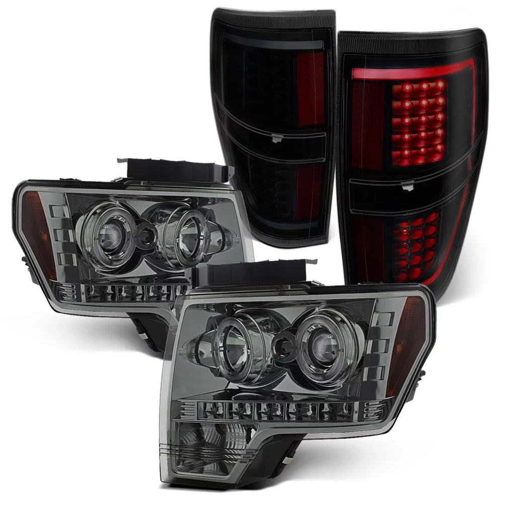 AKKON - Fits 2009-2014 Ford F-150 F150 Dual Halo Projector Smoke Headlights + Dark Smoked [C-Light Bar] LED Tail Lamp Combo