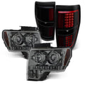 AKKON - Fits 2009-2014 Ford F-150 F150 Dual Halo Projector Smoke Headlights + Dark Smoked [C-Light Bar] LED Tail Lamp Combo