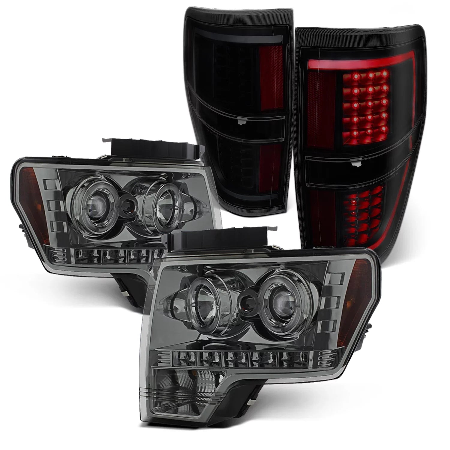 AKKON - Fits 2009-2014 Ford F-150 F150 Dual Halo Projector Smoke Headlights + Dark Smoked [C-Light Bar] LED Tail Lamp Combo