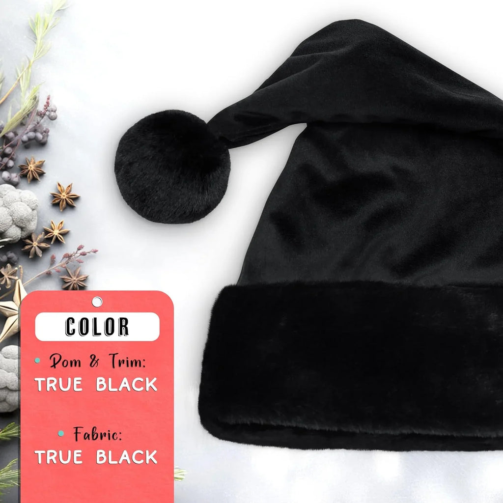 All Ebony Santa Hat - Faux Fur Midnight Trim - Gothic Xmas Accessory, Goth Christmas Hat - Adult, 1 Size
