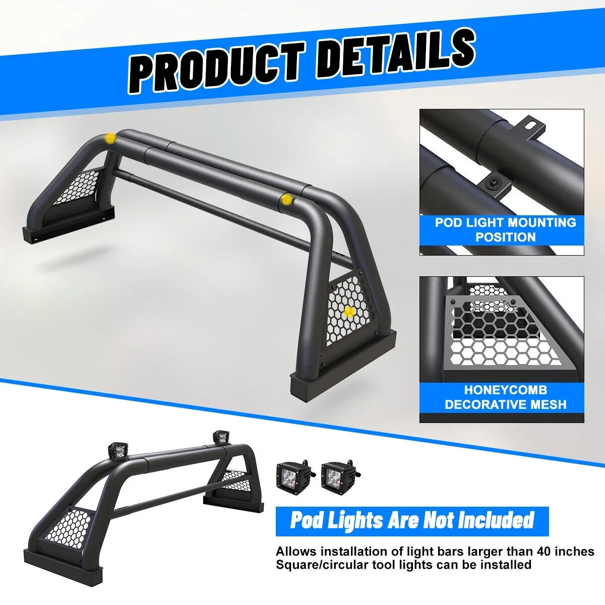 62.9-74.7" Adjustable Truck Roll Sport Bar Chase Rack Bed Bar Fit For 2019-NOW Chevy Silverado/GMC sierra