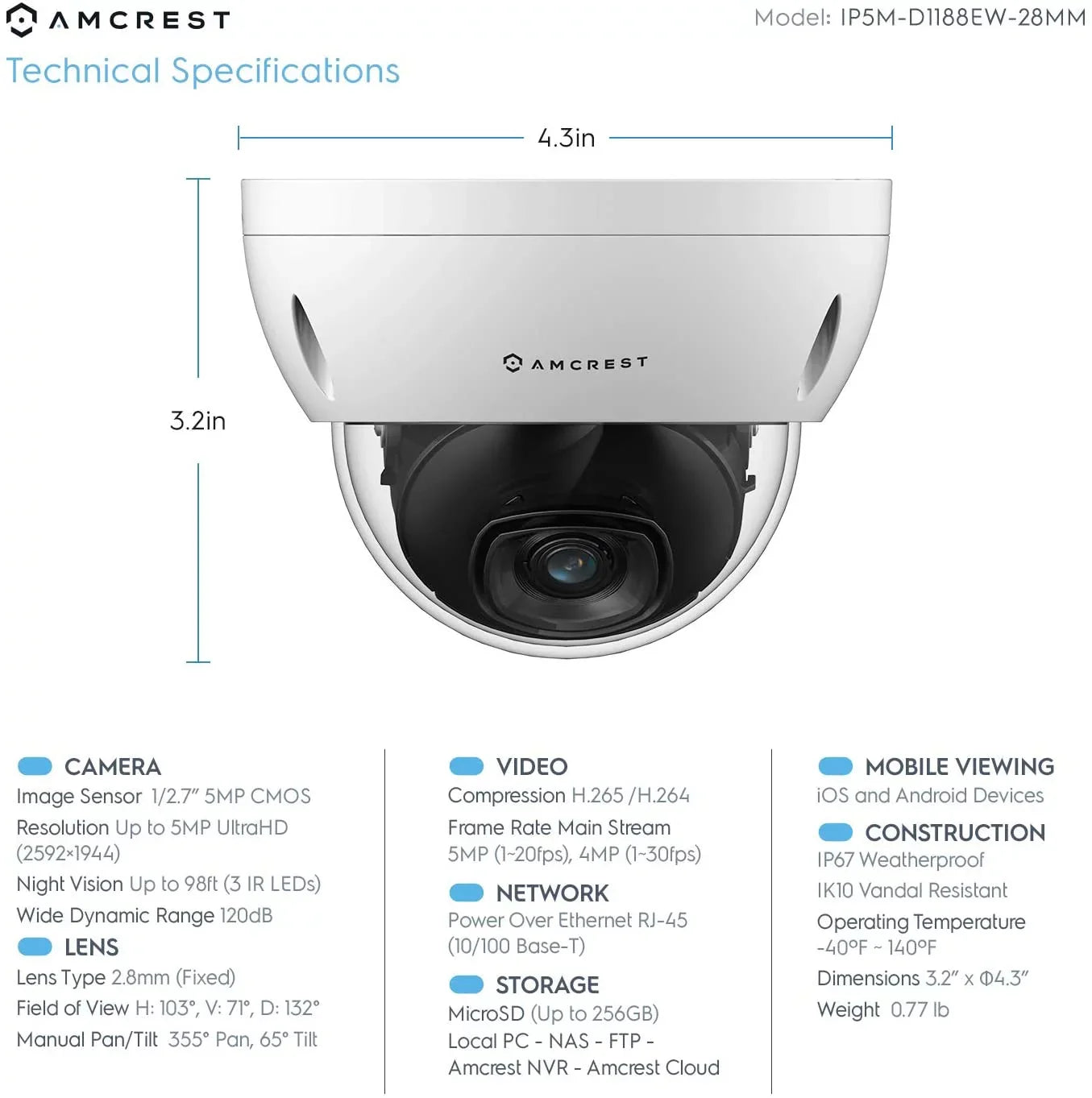 Amcrest 5MP POE Camera, Outdoor Vandal Dome Security POE IP Camera, 5-Megapixel, 98ft. Night Vision, 2.8mm Lens, IP67, IK10 Resistance, Cloud, NVR (IP5M-D1188EW-28MM)