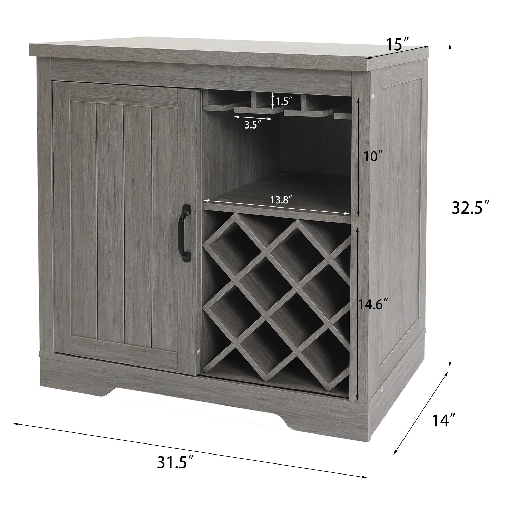 ABBSR Gray Wooden Wine Bar Storage Cabinet with Glass Holder,Wine Rack,Large Table for Decor