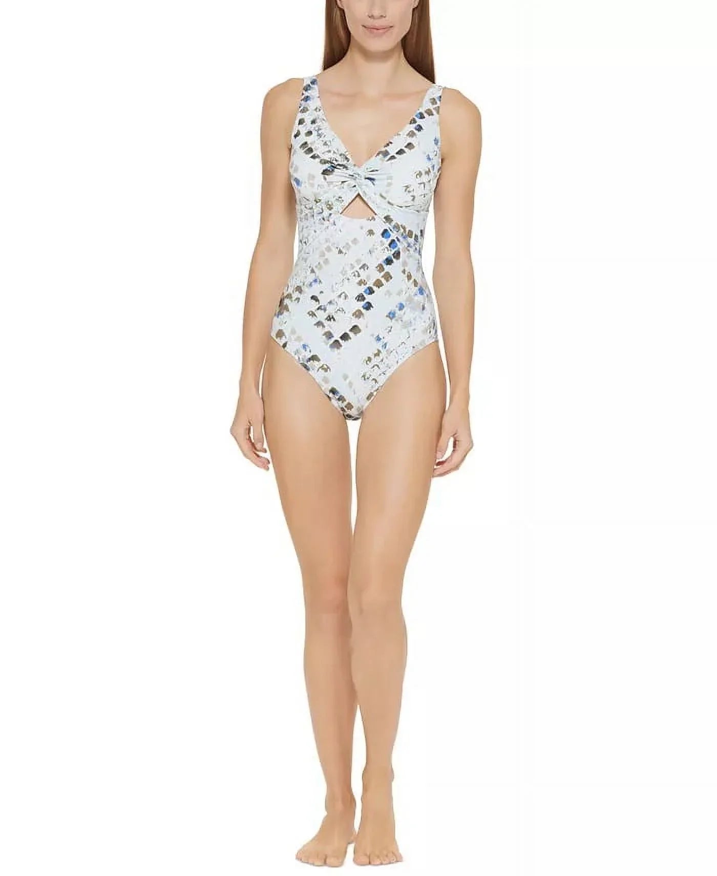 DKNY SPLASH MULTI Twist-Front Cutout One-Piece Swimsuit, US 16