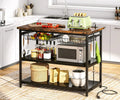 TJUNBOLIFE Kitchen Island with Industrial Island Table with Power Outlets and Wire Baskets 3 Tier Microwave Oven Stand Butcher Block Island with Large Worktop 4 Hooks Rustic Brown