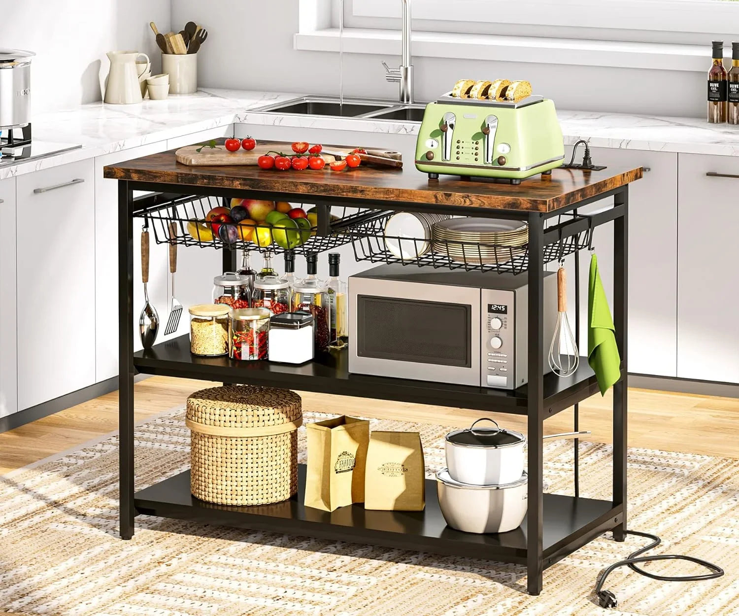 TJUNBOLIFE Kitchen Island with Industrial Island Table with Power Outlets and Wire Baskets 3 Tier Microwave Oven Stand Butcher Block Island with Large Worktop 4 Hooks Rustic Brown