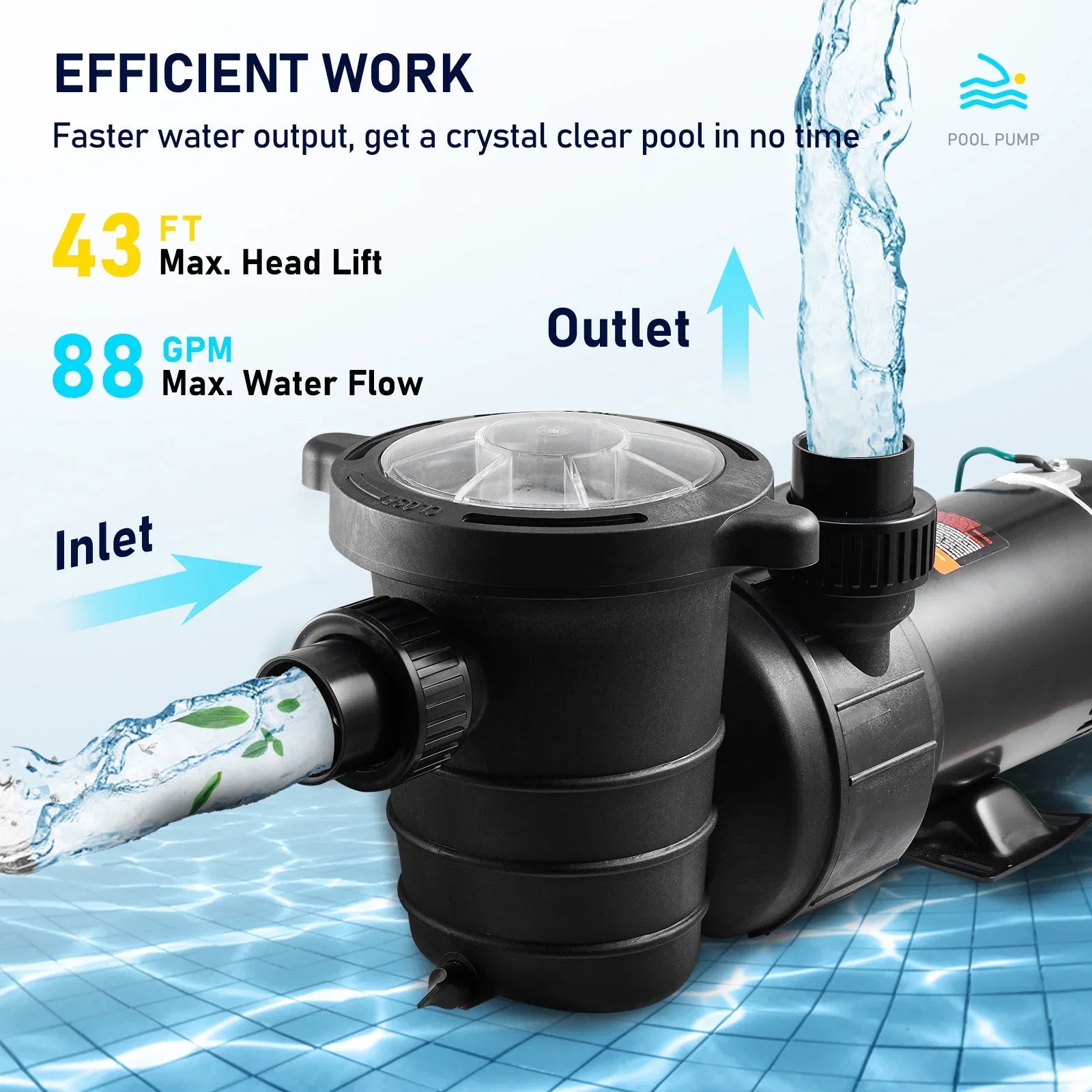 SKYSHALO Swimming Pool Pump, 1.5 HP 115 V, 1100 W Single Speed Pump for In/ Above Ground Pool w/ Strainer Basket, 5280 GPH Max. Flow, Certification of ETL for Security